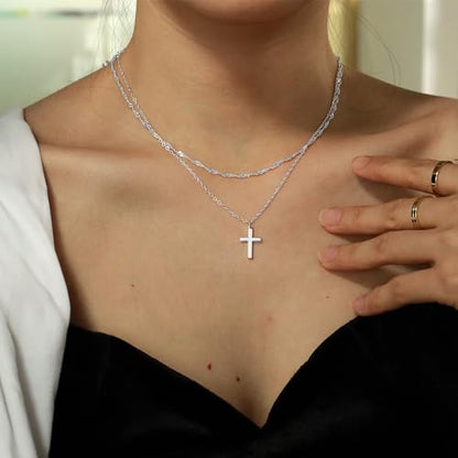 Zalcon Cross Necklace for Women, Gold Plated/Sterling Silver Plated Layered Choker Pendant Necklaces for Women Stack Jewelry for Women Trendy - style: Silver