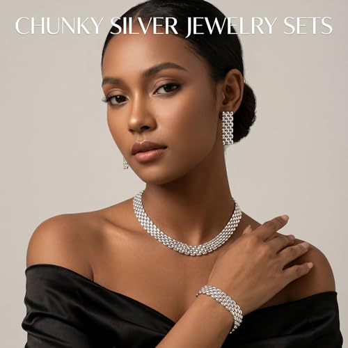 Chunky Gold Jewelry Sets for Women 14K Gold Plated Necklace Earrings Bracelet Set Cuban Link Thick Choker Necklace Punk Statement Necklaces Earrings Bracelet Set Fashion Jewelry Gift for Women - color: Silver