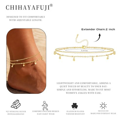 Sterling Silver Ankle Bracelets for Women Gold Waterproof Layered Stackable Dainty Cute Bead Chain Non Tarnish Adjustable Anklet Bracelet for Summer Beach Jewelry Gift - color: gold-C