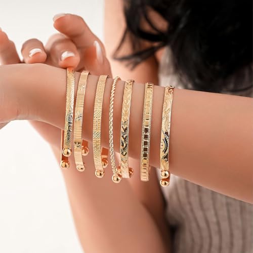 7Pcs Gold Bangle Bracelets for Women 14k Gold Plated Stackable Cuff Bracelet Set Simple Trendy Opening Cuff Bangle Bracelets Bracelet Minimalist Layering Jewelry Gift Set - color: Gold