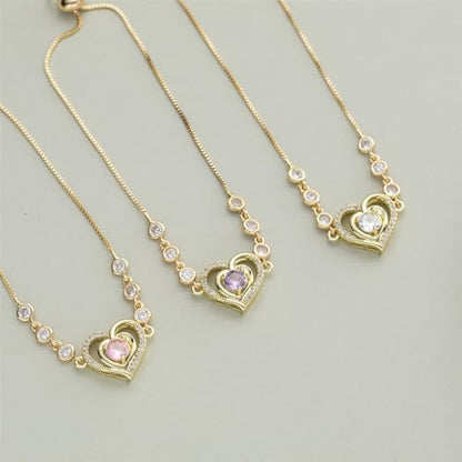 14K White Gold Plated Heart Bracelet for Women, Zircon Inlay Love Heart Charm Chain Bracelet Bangle with Adjustable Length - color: gold-white