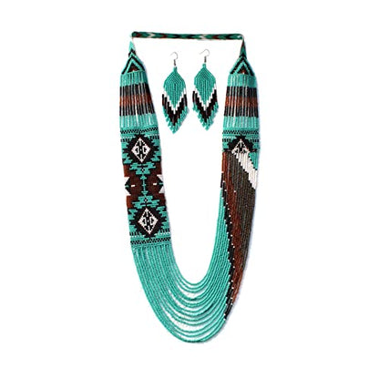 Handmade Native American Style Tribal ethnic Seed Bead Beaded Layered Medallion Necklace - color: Turquoise