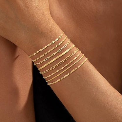 Cuzmly Bracelets for Women, Waterproof 14K Gold/Silver Plated Stackable Bracelets for Women Non Tarnish Trendy Dainty Paperclip Figaro Box Herringbone Hand Chain Bracelet Pack Stack Adjustable Jewelry for Women - style: 8 Box