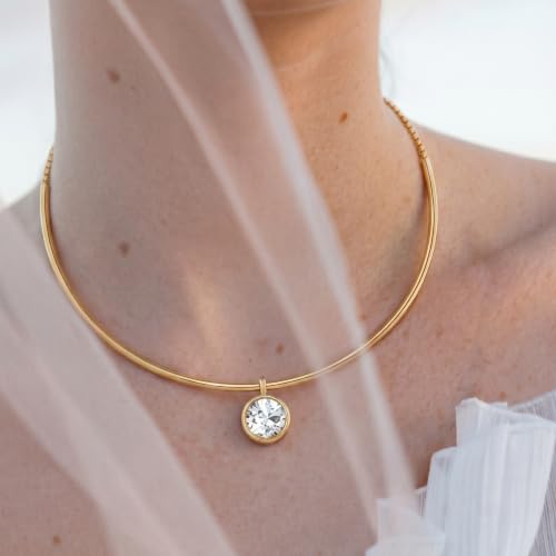 Gold Choker Necklace Dainty 14K Gold Plated Collar Necklace with Cubic Zircon Pendant Necklaces Fashion Minimalist Summer Crystal Collar Necklaces Boho Jewelry - style: CZ Round