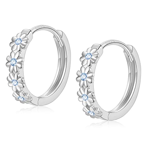 Sterling Silver Hoop Earrings for Women, Dainty Small Huggie Hoop Earrings | Hypoallergenic Daisy Color Cubic Zirconia Flower Hoops Earring Jewellery Gifts for Ladies Birthday Wedding, 12mm Hoop - color: Blue