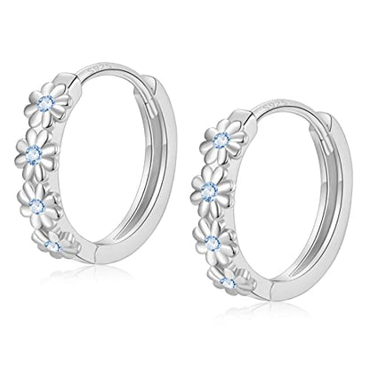 Sterling Silver Hoop Earrings for Women, Dainty Small Huggie Hoop Earrings | Hypoallergenic Daisy Color Cubic Zirconia Flower Hoops Earring Jewellery Gifts for Ladies Birthday Wedding, 12mm Hoop - color: Blue