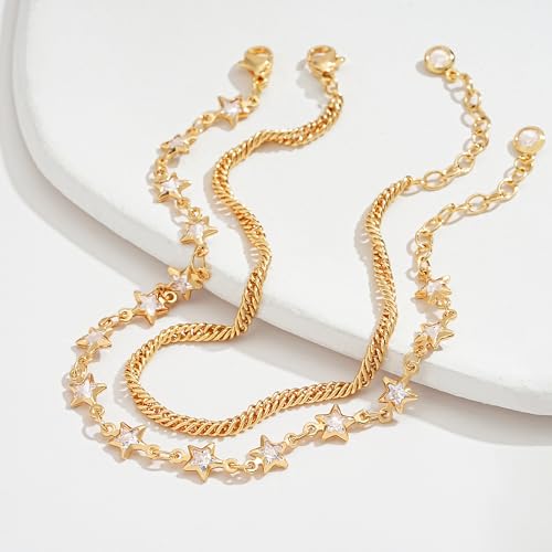 Gold Chain Bracelet for Women, 14K Gold Plated | Dainty Bracelets with Adjustable Chain, Trendy Jewelry Gift for Women - style: layer-star wave