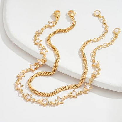 Gold Chain Bracelet for Women, 14K Gold Plated | Dainty Bracelets with Adjustable Chain, Trendy Jewelry Gift for Women - style: layer-star wave