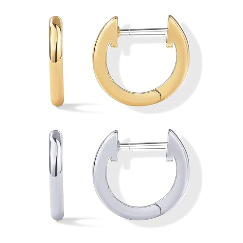 PAVOI Small Gold Hoop Earrings for Women - 14K Gold Plated Huggie Earring | Hypoallergenic Earring Set - Dainty Huggie Hoops with 925 Sterling Silver Posts - Cartilage Hoop Earrings - color: Yellow & White Pack