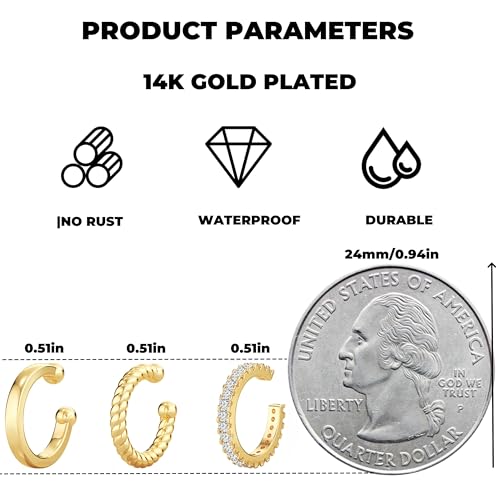 Gold Ear Cuffs Earrings for Women Non Piercing Clip on Cartilage Earrings | Trendy Gold Ear Cuff,Cartilage Clip on Earrings,Thin Huggie Hoop CZ Earring Set ,Fashion Jewelry,Non Tarnish,Gift - style: 3pc cz-gd