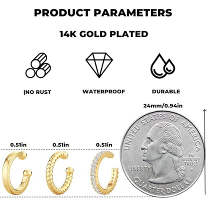 Gold Ear Cuffs Earrings for Women Non Piercing Clip on Cartilage Earrings | Trendy Gold Ear Cuff,Cartilage Clip on Earrings,Thin Huggie Hoop CZ Earring Set ,Fashion Jewelry,Non Tarnish,Gift - style: 3pc cz-gd