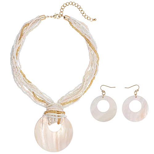 Coiris Multi Strand Statement Colorful Beaded Necklace with Big Circle Shell Pendant for Women - color: Natural