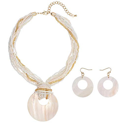 Coiris Multi Strand Statement Colorful Beaded Necklace with Big Circle Shell Pendant for Women - color: Natural
