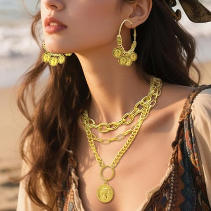 2 Pcs Layered Golden Pirate Necklace Earrings for Women Chunky Chain Layered Necklace Boho Gypsy Hoop Earrings Punk Grunge 80s 90s Coin Pendant Jewelry Halloween Pirate Costume Accessories - color: 3-layer Gold Paperclip Chains