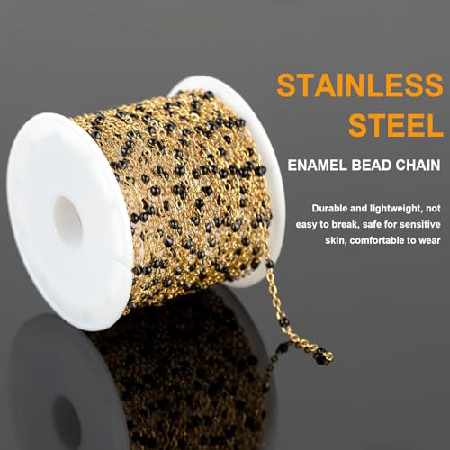 KYUNHOO 16.4 Feet Gold Plated Chain for Jewelry Making with Jewelry Clasps | Solid Stainless Steel Cable Chains for Crafts Black Enemal Beaded Jewelry Chain Roll with Lobster Clasps Jump Rings - color: Gold-Black-2mm