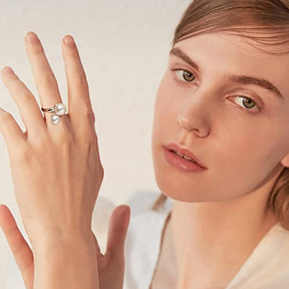 Hisatan Double Simulated Pearl Wrap Ring: gold plated Stainless Steel Large Statement Ring for Women - color: Silver-Size 9