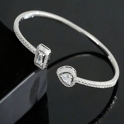 Elegant Versatile Youthful Bracelet, Delicate Water Drop & Square Stone Cuff Bangle for Women - color: Silver-White, size: One Size
