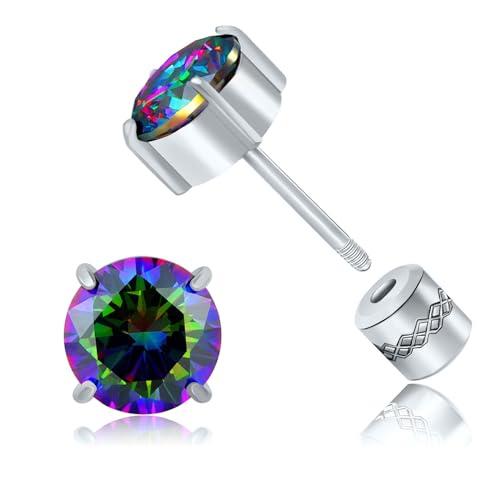 Titanium Flat Back Surgical Stainless Steel Stud Earrings for Women Men,Birthstone Stud Earrings Hypoallergenic Double Side 5A Cubic Zirconia Studs Jewelry 6mm - color: Silvery-Rainbow Cz