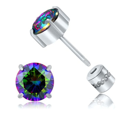 Titanium Flat Back Surgical Stainless Steel Stud Earrings for Women Men,Birthstone Stud Earrings Hypoallergenic Double Side 5A Cubic Zirconia Studs Jewelry 6mm - color: Silvery-Rainbow Cz