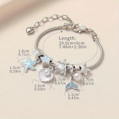 Charm Bracelet Snake Chain Ocean Theme Mermaid Tail Blue Starfish Shell Faux Pearl Turtles Beaded Adjustable Jewelry - color: Silver