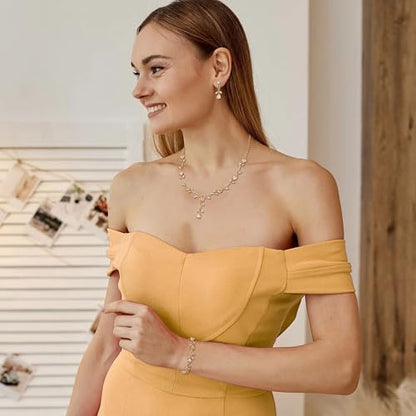 Crysdue Wedding Jewelry Set for Brides Bridesmaid, Cubic Zirconia Teardrop Marquise Leaf Cluster Pendant Necklace Bridal Tennis Bracelet Drop Earrings for Women Party Prom - style: A- CZ set-champagne, gold