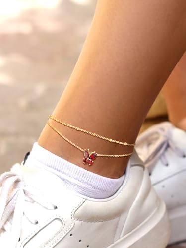 Suplight Gold Plated Butterfly Anklets for Women Waterproof, Layered Boho Ankle Bracelet with Birthstone, Stainless Steel Adjustable Non-Tarnish Heart Foot Jewelry Beach Vacation - color: 01. Butterfly-Jan. Garnet