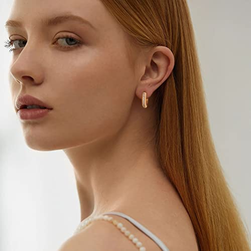 Huggie Hoop Earrings 14K Gold Plated Cubic Zirconia Dainty Simple Cute Beads Elegant CZ Circle Small Hoop Earring for Women Minimalist Handmade Hypoallergenic Jewelry - color: CZ-Middle Row