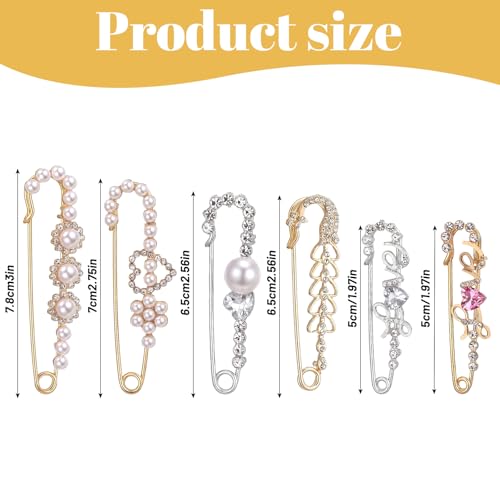 Ouligay 6 Pieces Women Brooch Pins Large Pearl Brooch Pin Sweater Shawl Clips Faux Crystal Pearl Brooches and Pin for Women, Brooches Safety Pins Dress Clips Shirt Clip for Clothing Costume Accessory