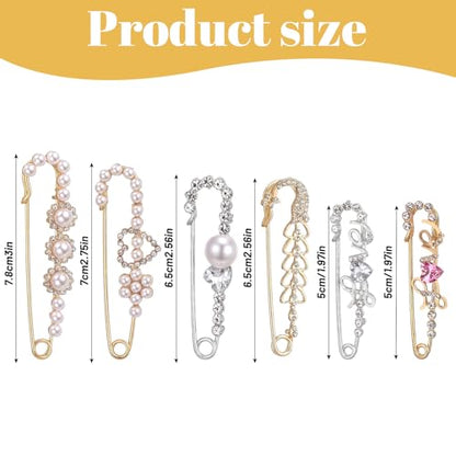 Ouligay 6 Pieces Women Brooch Pins Large Pearl Brooch Pin Sweater Shawl Clips Faux Crystal Pearl Brooches and Pin for Women, Brooches Safety Pins Dress Clips Shirt Clip for Clothing Costume Accessory