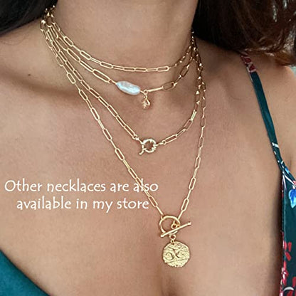 Aobei Pearl 18K Gold Plated Paperclip Chain Choker Satellite Chain Freshwater Cultured Biwa Pearl Pendant Necklace Dainty Turquoise Jewelry for Women - color: Pearl Chain Choker