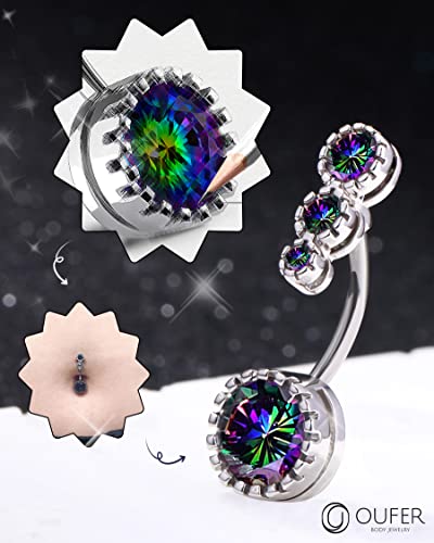 OUFER 316L Surgical Steel Belly Button Rings, Clear CZ Navel Rings, Belly Piercing Jewelry - color: Silver Bar, Rainbow CZ