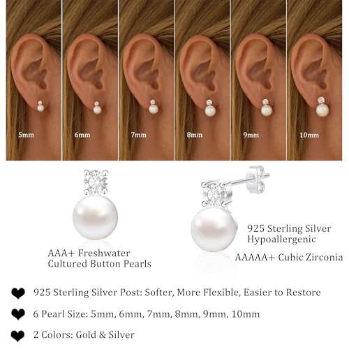 WFYOU Pearl Earrings for Women 925 Sterling Silver Stud Earring | 14K Gold Plated Hypoallergenic Stud Earrings, White Diamond Dainty Bridal Earring, Trendy Jewelry, Wedding Party Gifts - color: Silver B, size: 5mm