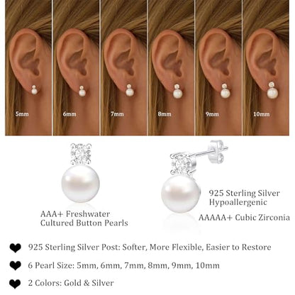 WFYOU Pearl Earrings for Women 925 Sterling Silver Stud Earring | 14K Gold Plated Hypoallergenic Stud Earrings, White Diamond Dainty Bridal Earring, Trendy Jewelry, Wedding Party Gifts - color: Silver B, size: 9mm