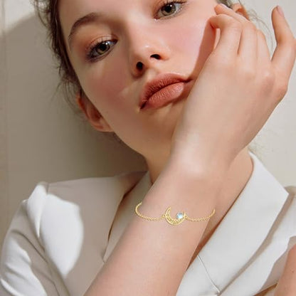 Moon Bracelet for Women 925 Sterling Silver Moonstone/Birthstone Moon Bracelet Butterfly/Dragonfly Bracelet Celtic Moon Butterfly Dragonfly Jewelry Gifts for Women - style: Moonstone-Gold Plated