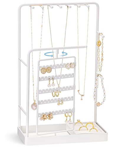 ProCase Jewelry Stand Holder Organizer and Storage, White (No-Assembly) | Rotating Earring Bracelet Holder Storage, Hanging Jewelry Display Velvet Ring Tray, Teen Girls Birthday Gifts Room Dorm Decor - color: White (No-Assembly), size: Medium (7.87" W × 3
