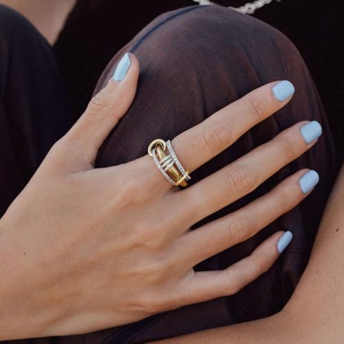 Gold Stackable Rings for Women Non Tarnish, 18k Gold Plated Cubic Zirconia Rings, Silver Gold Multi Ring Mixed Metals Stack Rings Set - color: 2 stones rings, size: 11