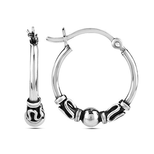 LeCalla 925 Sterling Silver Oxidized Balinese Hoops Earring Jewelry Small Antique Bali Beaded Hoop Earrings for Women - color: Oxidized Balinese