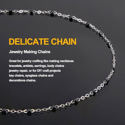KYUNHOO 16.4FT/5M Black Enamel Beaded Chain for Jewelry Making | Silver Cable Link Roll Stainless Steel Jewelry Chains for Necklace Bracelet DIY - color: Silver-Black-2mm