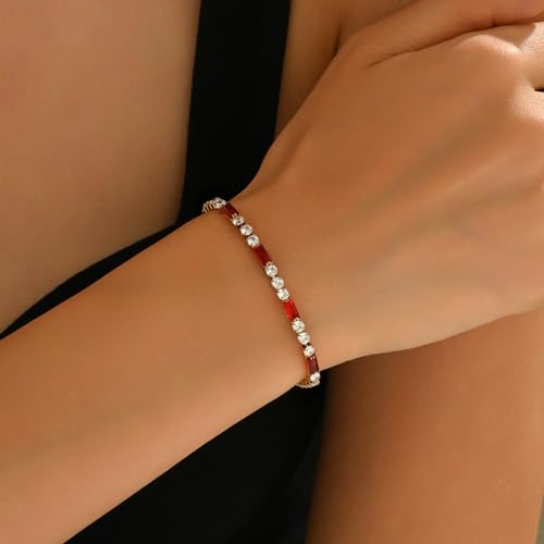 Tennis Bracelet for Women 18K Gold Plated White Red Green Black Blue Pink 3mm Cubic Zirconia Bracelet Dainty Diamond Adjustable Bracelet Trendy Jewelry Gift - color: Red Tennis-Gold