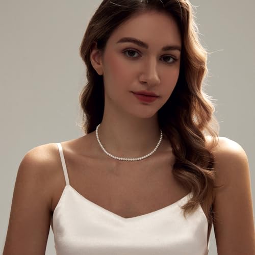 Zeffy Pearl Necklace 4MM/6MM/8MM Dainty Round Imitation Pearl Choker Necklace Wedding Pearl Necklace Delicate Jewelry for Women Simple Bridesmaid Jewelry Gifts - style: 4mm Gold Pearl Necklace(14"+2")