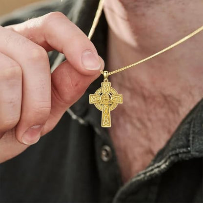 Celtic Cross Necklace For Men ，18K Gold Plated Celtic Cross Celtic Amulet Necklace Protection Jewelry Religious Gifts with 2.5mm 22"+2" Adjustable Rolo Chain - style: style1