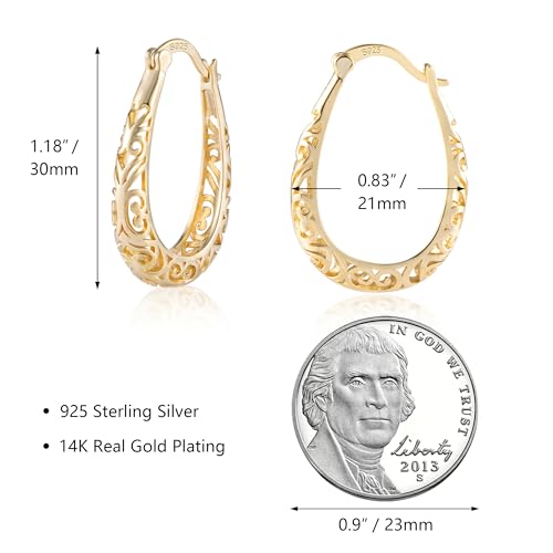 Silver Post Filigree Hoop Earrings for Women Hollow Oval Hoop Earrings | Hypoallergenic U Shaped Hoops Earring for Jewelry - color: A-14K Gold