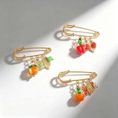 Fall Pumpkin Safety Pin Brooch for Women Leaf with Faux Pearl Daisy Dangle | Stainless Steel, Flower, Acrylic Hanging Lapel Pins, Halloween & Thanksgiving, Sweater Coat Jewelry, Fashion Harvest Season