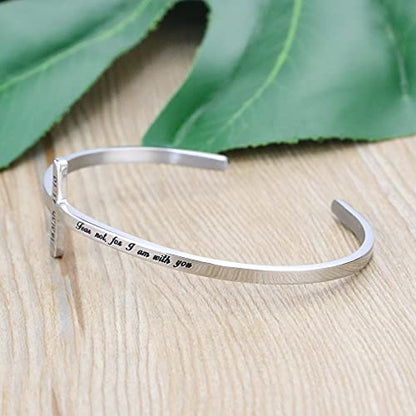 𝐂𝐫𝐨𝐬𝐬 𝐁𝐫𝐚𝐜𝐞𝐥𝐞𝐭 Religious Cuff Bangle 𝐁𝐢𝐛𝐥𝐞 𝐕𝐞𝐫𝐬𝐞 Christian Gifts Jewelry for 𝐖𝐨𝐦𝐞𝐧 - style: Silver cuff-Fear not, for I am with you -Isaiah 41:10