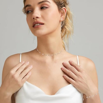 HERIER Gold Jewelry Set for Women - Dainty 14K Gold/Silver Plated Pearl Choker Necklace, Drop Earrings & Bracelets - Wedding Trendy Pearl Jewelry Gift - color: Pearl Choker Set-Silver