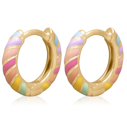 14K Gold Plated Sterling Silver Enamel Color Huggie Hoop Earrings for Women – Wide Range of Vibrant Color Options Available - color: Rainbow / Multi 2