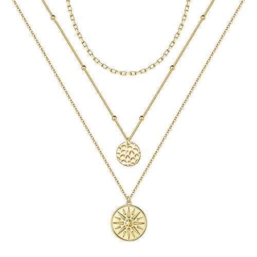Turandoss Gold Layered Necklaces for Women - 14K Gold Plated Handmade Multilayer Bar Pearls Coin Disc Moon Butterfly Medallion Adjustable Dainty Layered Choker Necklaces for Women Jewelry - style: 3PCS - Chain&Hammered Disc&Sun