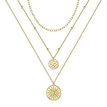Turandoss Gold Layered Necklaces for Women - 14K Gold Plated Handmade Multilayer Bar Pearls Coin Disc Moon Butterfly Medallion Adjustable Dainty Layered Choker Necklaces for Women Jewelry - style: 3PCS - Chain&Hammered Disc&Sun