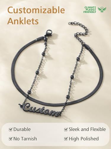FindChic Custom Ankle Bracelets for Women, Stainless Steel Figaro/Cuban/Wheat/Rope/Herringbone Chain Anklets, Beach Foot Jewelry 8.5''-10.5'' Adjustable & Waterproof, with Gift Box - style: Herringbone Chain-Black
