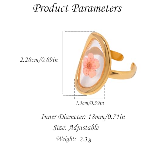 Hebelee Handmade Dried Flower Statement Ring for Women | Gold-Toned Stainless Steel,Adjustable,Pressed Blossom Forget-Me-Not Flowers Open Band Rings,Wedding Holiday Jewelry - color: Hammered Oval B